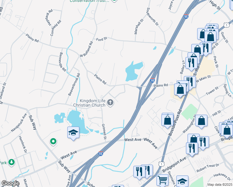 map of restaurants, bars, coffee shops, grocery stores, and more near 12 Ray Bob Road in Milford