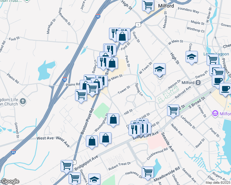 map of restaurants, bars, coffee shops, grocery stores, and more near 18 Tower Street in Milford