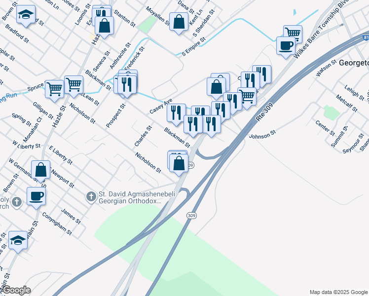 map of restaurants, bars, coffee shops, grocery stores, and more near 635 Blackman Street in Luzerne County