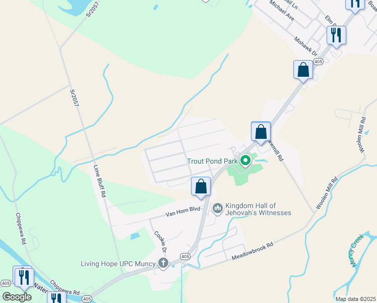 map of restaurants, bars, coffee shops, grocery stores, and more near 92-107 Heatherbrooke Estates in Muncy