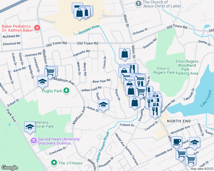 map of restaurants, bars, coffee shops, grocery stores, and more near 80 Indian Field Road in Bridgeport