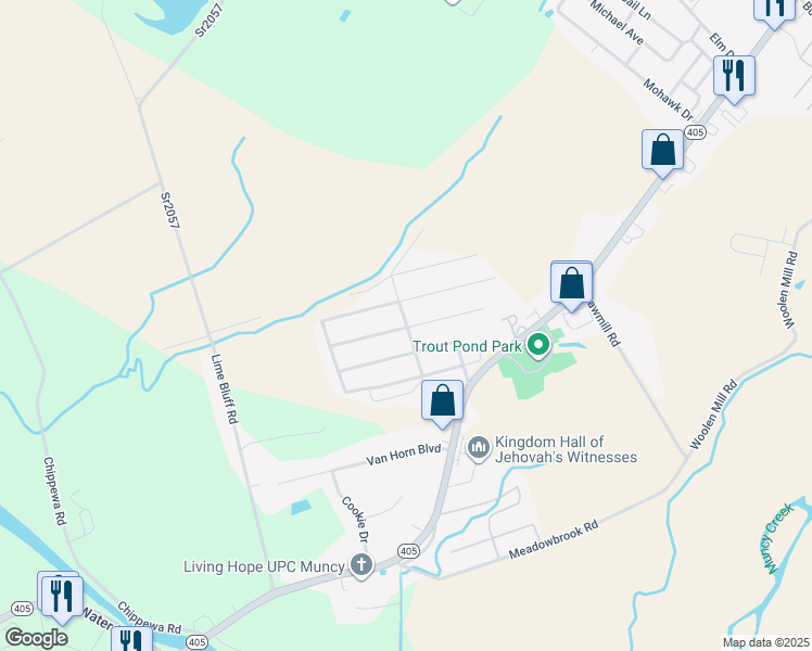 map of restaurants, bars, coffee shops, grocery stores, and more near 92-107 Heatherbrooke Estates in Muncy