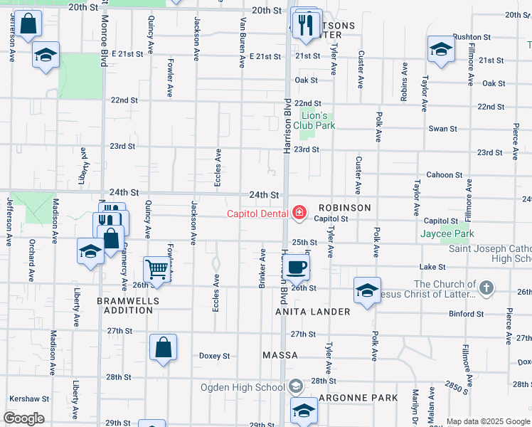 map of restaurants, bars, coffee shops, grocery stores, and more near 1150 Capitol Street in Ogden