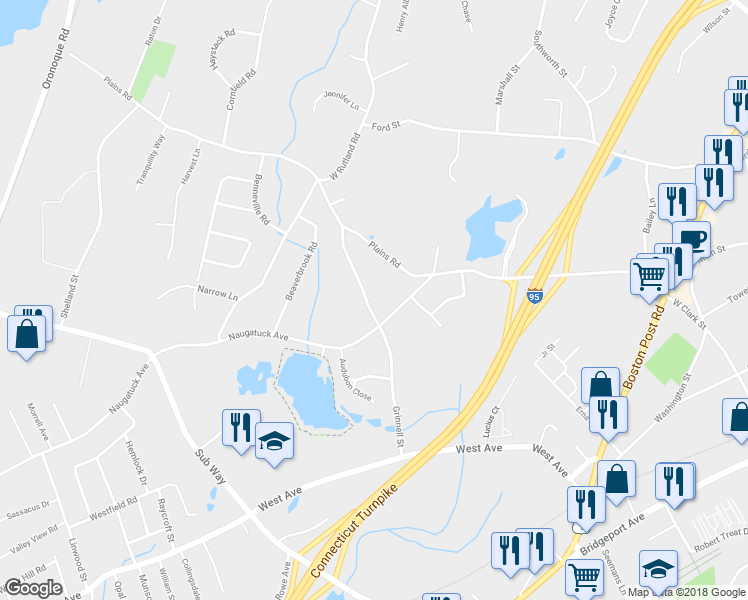 map of restaurants, bars, coffee shops, grocery stores, and more near 155 Grinnell St in Milford