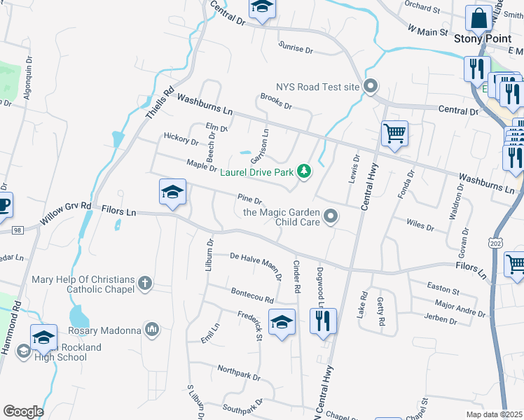 map of restaurants, bars, coffee shops, grocery stores, and more near 10 Pine Drive in Stony Point