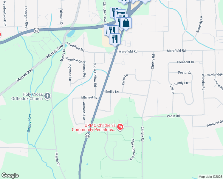 map of restaurants, bars, coffee shops, grocery stores, and more near 2975 Emilie Lane in Hermitage