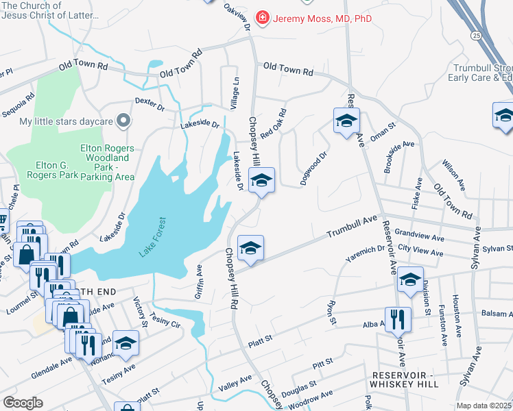 map of restaurants, bars, coffee shops, grocery stores, and more near 1525 Chopsey Hill Road in Bridgeport