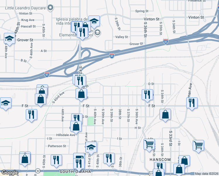 map of restaurants, bars, coffee shops, grocery stores, and more near 3952 South 39th Street in Omaha
