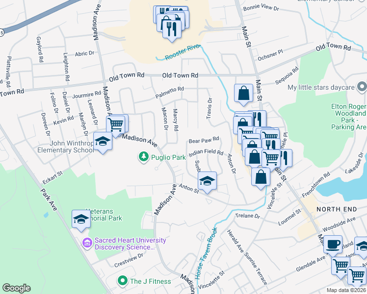 map of restaurants, bars, coffee shops, grocery stores, and more near 248 Indian Field Road in Bridgeport
