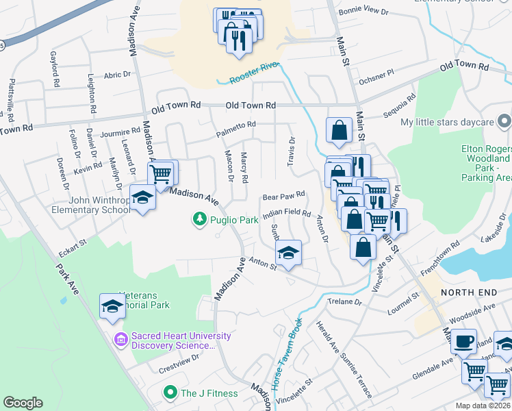 map of restaurants, bars, coffee shops, grocery stores, and more near 248 Indian Field Road in Bridgeport