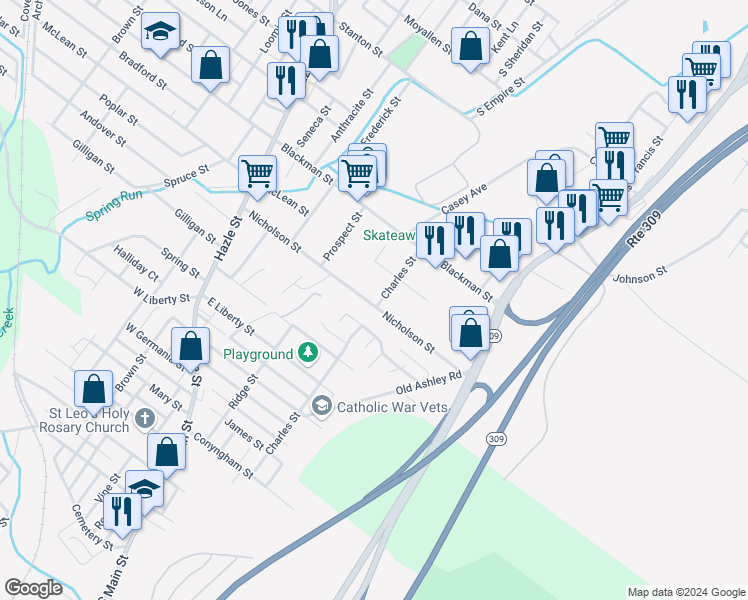 map of restaurants, bars, coffee shops, grocery stores, and more near 125-129 Nicholson Street in Wilkes-Barre Township