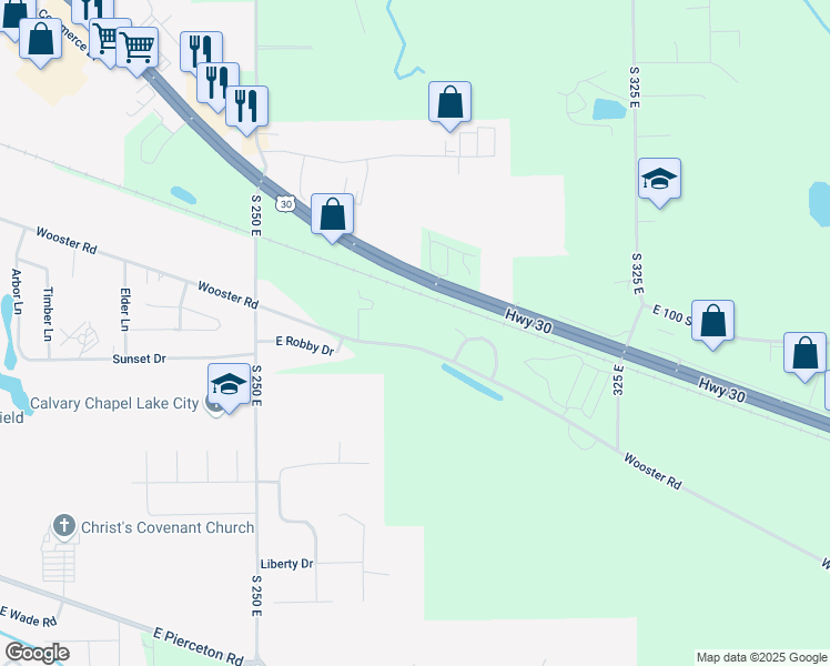 map of restaurants, bars, coffee shops, grocery stores, and more near 2834 East Wooster Road in Warsaw