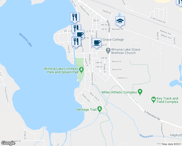 map of restaurants, bars, coffee shops, grocery stores, and more near 1604 Chestnut Avenue in Winona Lake