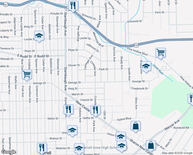 map of restaurants, bars, coffee shops, grocery stores, and more near 823 Crowder Avenue in Sharon