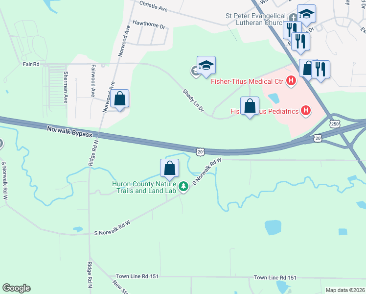 map of restaurants, bars, coffee shops, grocery stores, and more near U.S. 20 in Norwalk