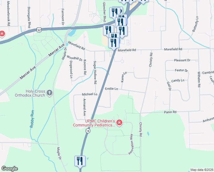 map of restaurants, bars, coffee shops, grocery stores, and more near 2975 Emilie Lane in Hermitage