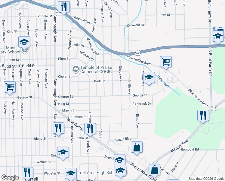 map of restaurants, bars, coffee shops, grocery stores, and more near 844 Service Avenue in Sharon
