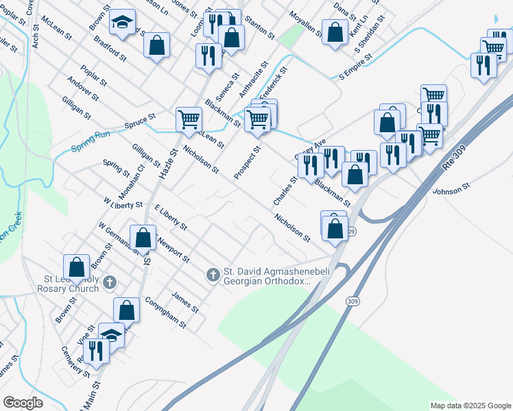 map of restaurants, bars, coffee shops, grocery stores, and more near 135 Nicholson Street in Wilkes-Barre Township