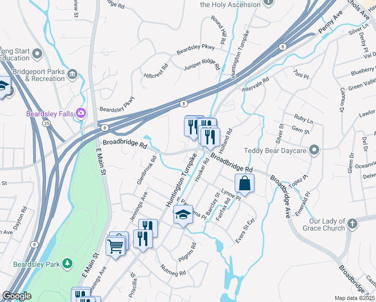 map of restaurants, bars, coffee shops, grocery stores, and more near 444 Broadbridge Rd in Bridgeport