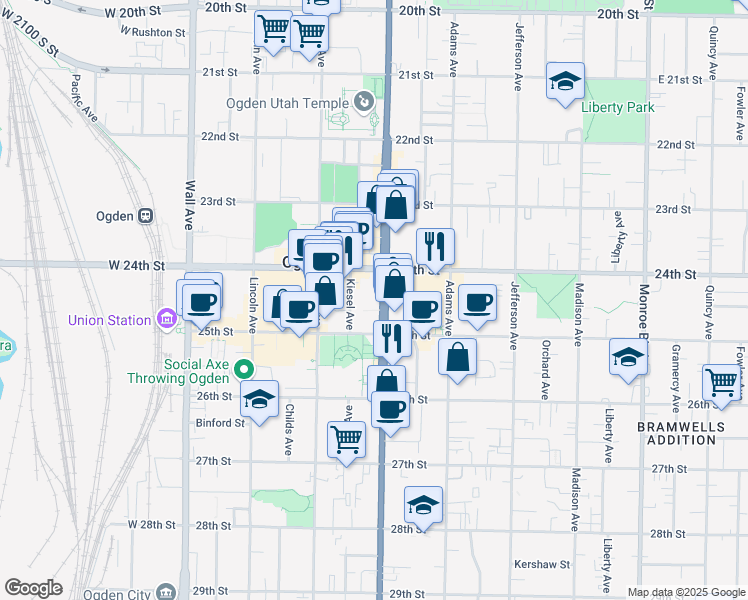 map of restaurants, bars, coffee shops, grocery stores, and more near 2439 Washington Boulevard in Ogden