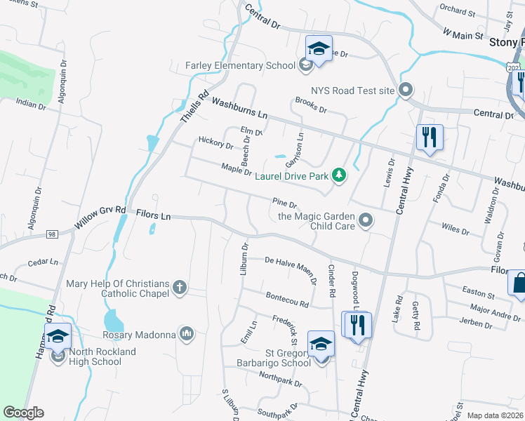 map of restaurants, bars, coffee shops, grocery stores, and more near 6 Burres Court in Stony Point