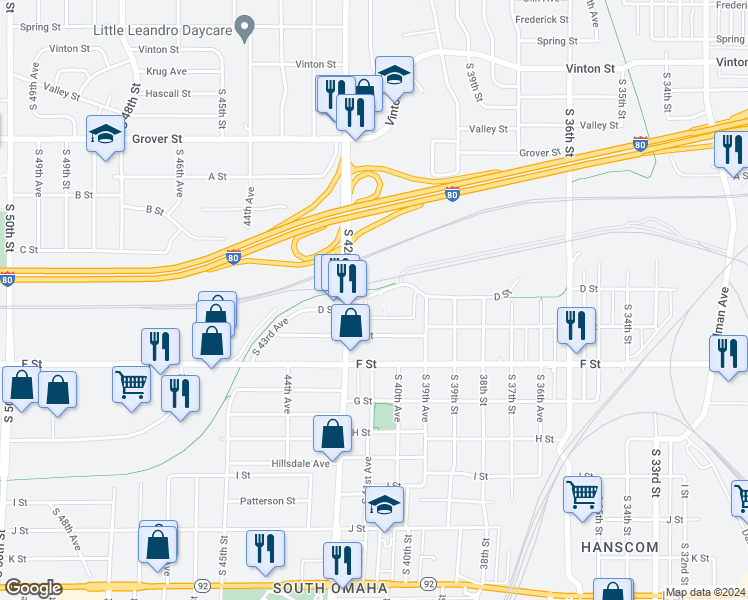 map of restaurants, bars, coffee shops, grocery stores, and more near 4107 D Street in Omaha