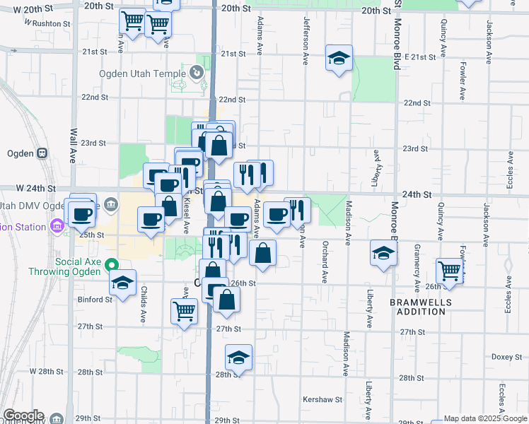 map of restaurants, bars, coffee shops, grocery stores, and more near 2444 Adams Avenue in Ogden