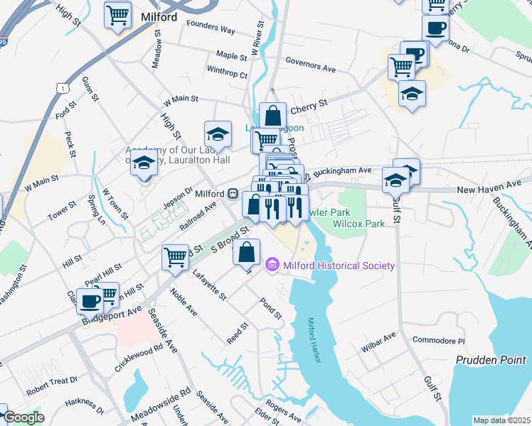 map of restaurants, bars, coffee shops, grocery stores, and more near 42 South Broad Street in Milford