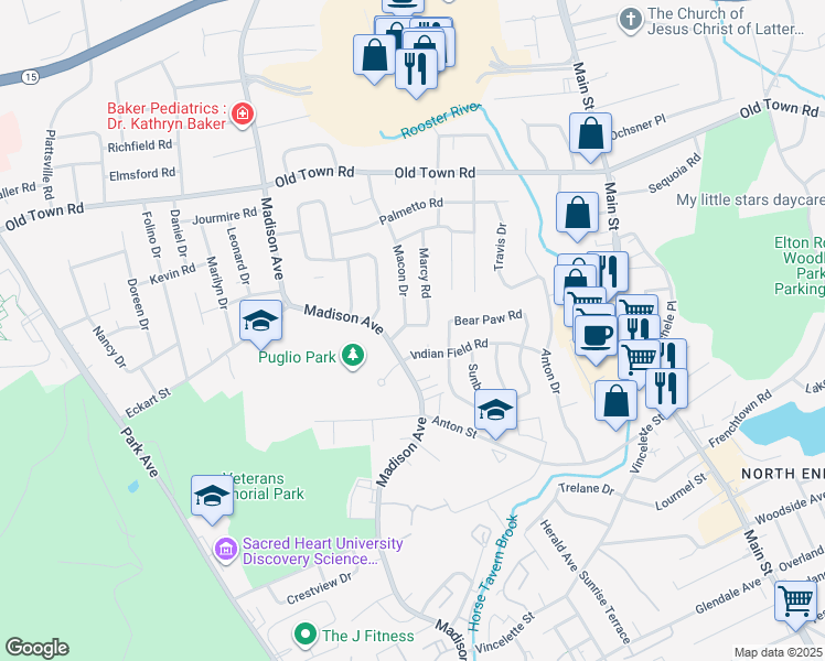 map of restaurants, bars, coffee shops, grocery stores, and more near 248 Indian Field Road in Bridgeport