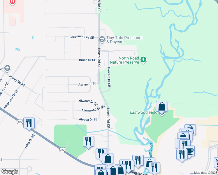 map of restaurants, bars, coffee shops, grocery stores, and more near 4244 Candlelight Drive Southeast in Warren