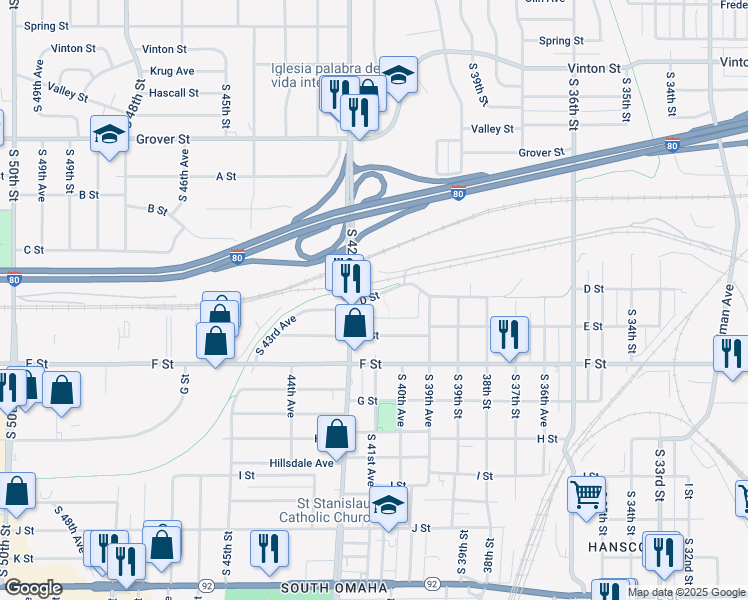map of restaurants, bars, coffee shops, grocery stores, and more near 4107 D Street in Omaha
