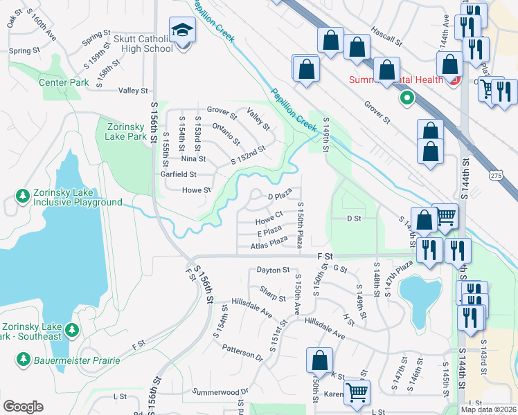 map of restaurants, bars, coffee shops, grocery stores, and more near 109 Howe Plaza in Omaha