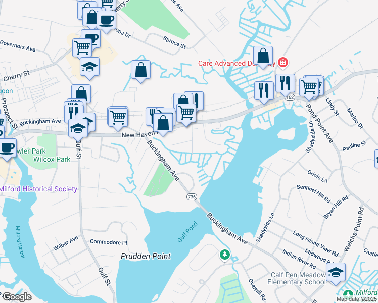 map of restaurants, bars, coffee shops, grocery stores, and more near 51 Davis Drive in Milford