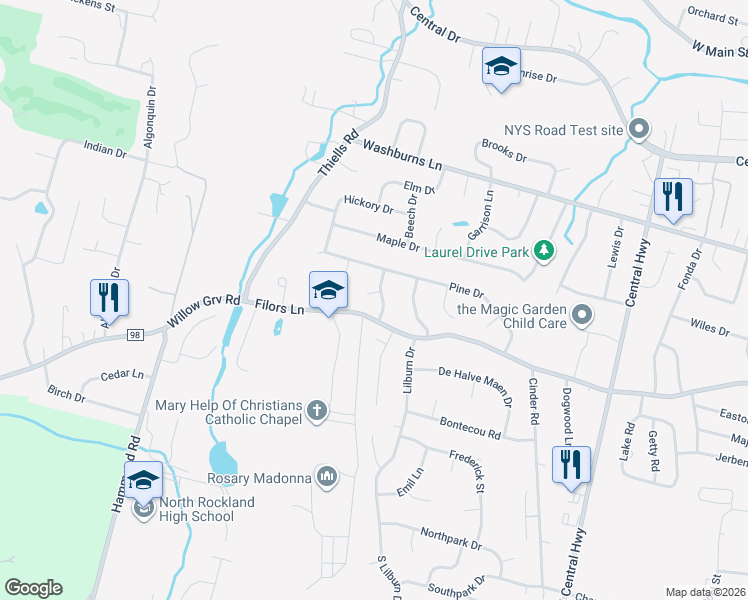 map of restaurants, bars, coffee shops, grocery stores, and more near 2 Tamarac Lane in Stony Point