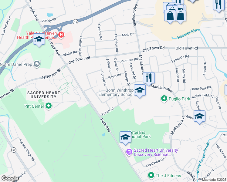 map of restaurants, bars, coffee shops, grocery stores, and more near 38 Nancy Drive in Bridgeport