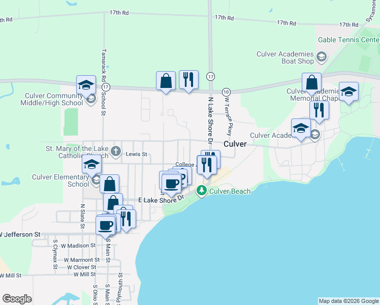 map of restaurants, bars, coffee shops, grocery stores, and more near 542 Forest Place in Culver