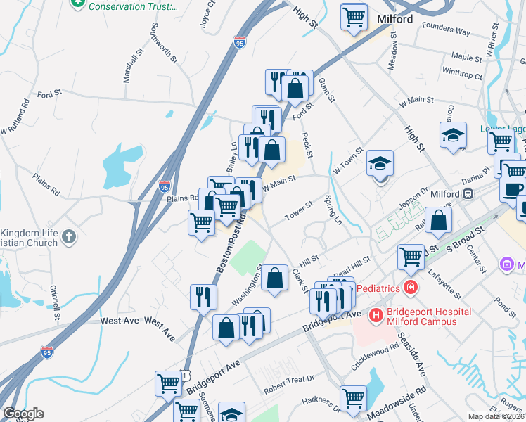 map of restaurants, bars, coffee shops, grocery stores, and more near 21 West Clark Street in Milford