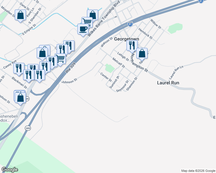 map of restaurants, bars, coffee shops, grocery stores, and more near Moyallen St in Wilkes-Barre Township