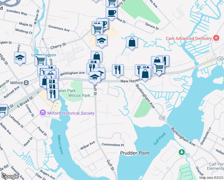 map of restaurants, bars, coffee shops, grocery stores, and more near in Milford