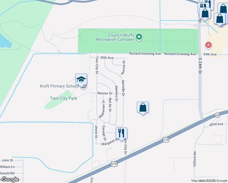 map of restaurants, bars, coffee shops, grocery stores, and more near 3001 Renner Drive in Council Bluffs