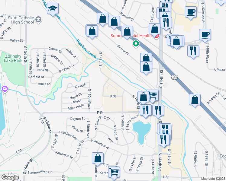 map of restaurants, bars, coffee shops, grocery stores, and more near 14800-14898 D Street in Omaha