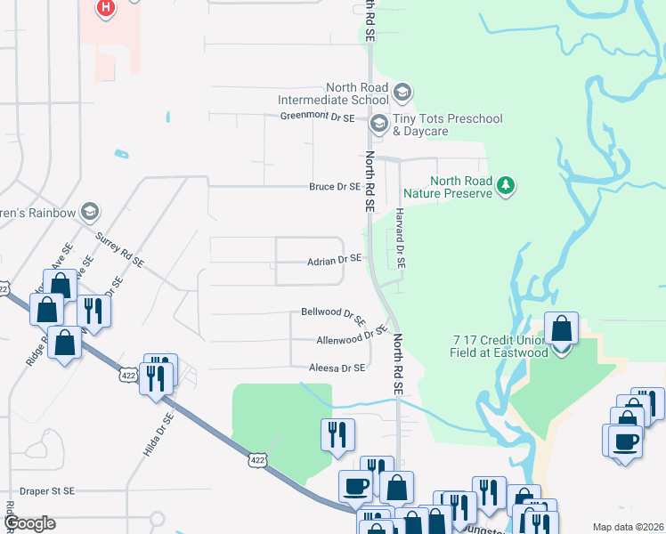 map of restaurants, bars, coffee shops, grocery stores, and more near 4083 Jeanette Drive Southeast in Warren