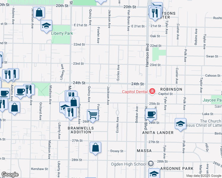 map of restaurants, bars, coffee shops, grocery stores, and more near 2424 Jackson Avenue in Ogden