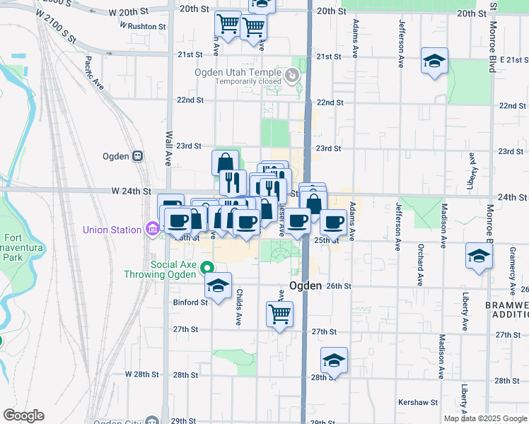 map of restaurants, bars, coffee shops, grocery stores, and more near 2436 Grant Avenue in Ogden