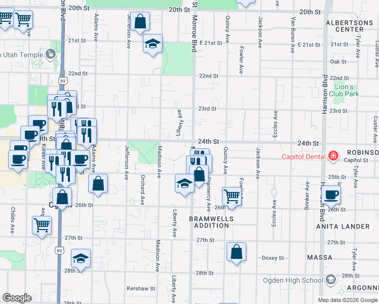 map of restaurants, bars, coffee shops, grocery stores, and more near 2429 Monroe Boulevard in Ogden