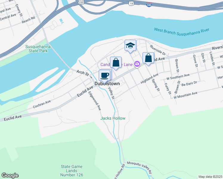 map of restaurants, bars, coffee shops, grocery stores, and more near 296 Valley Street in Duboistown