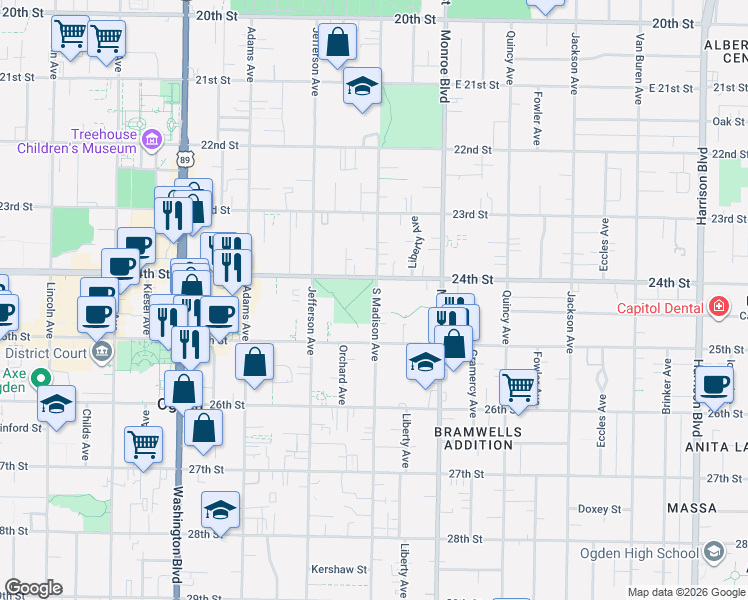 map of restaurants, bars, coffee shops, grocery stores, and more near 2436 South Madison Avenue in Ogden