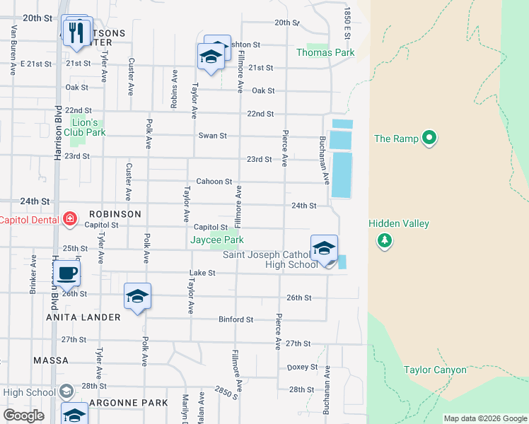 map of restaurants, bars, coffee shops, grocery stores, and more near 1638 Capitol Street in Ogden