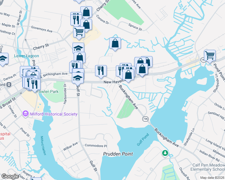 map of restaurants, bars, coffee shops, grocery stores, and more near 34 Park Circle in Milford