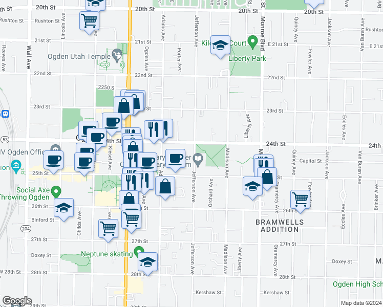 map of restaurants, bars, coffee shops, grocery stores, and more near 2464 Jefferson Avenue in Ogden
